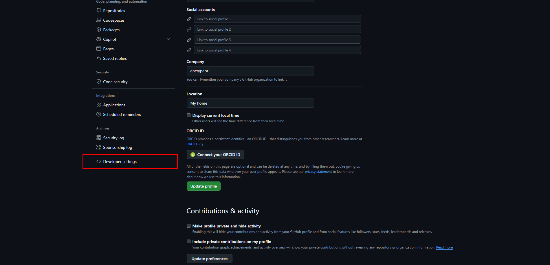 Item Developer settings na barra lateral das configurações do GitHub