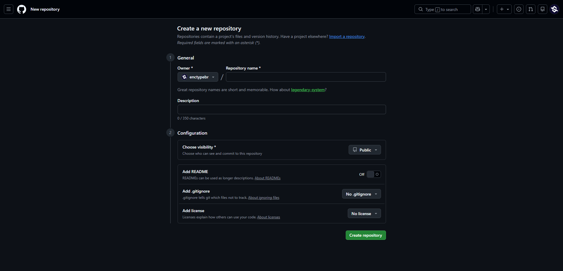 Tela de criação de repositório do GitHub