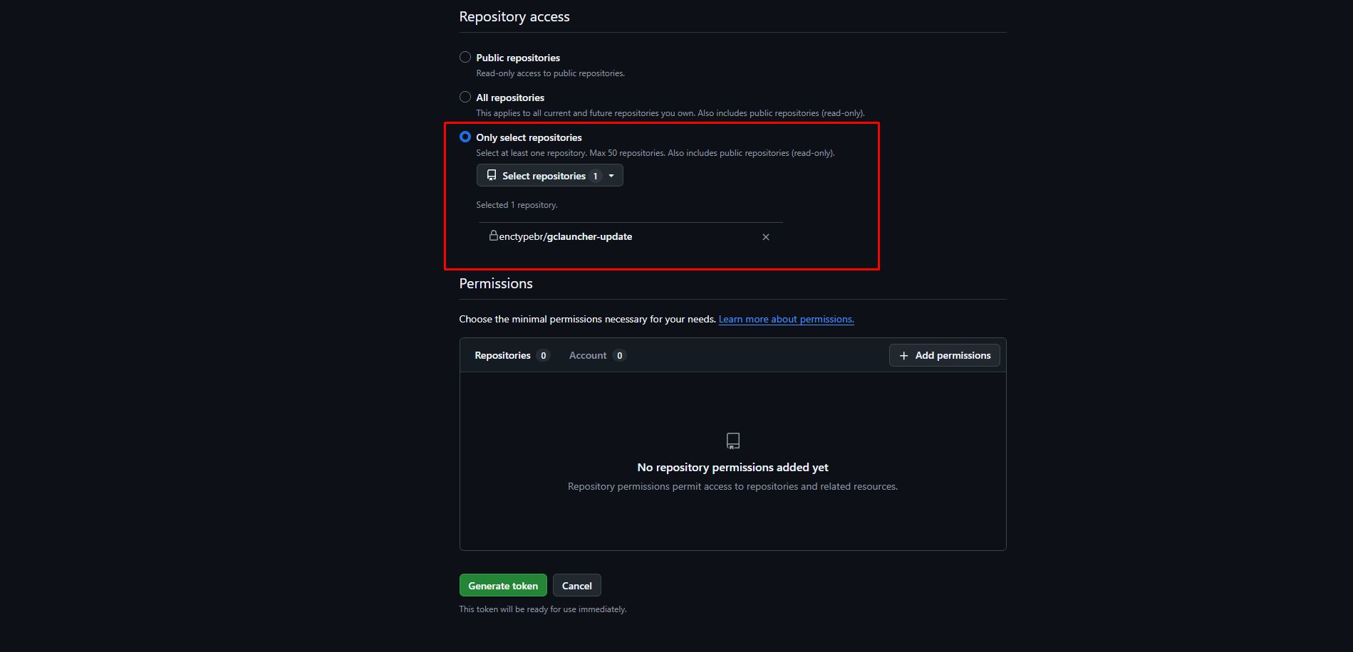 Opção Only select repositories com o repositório do jogo escolhido