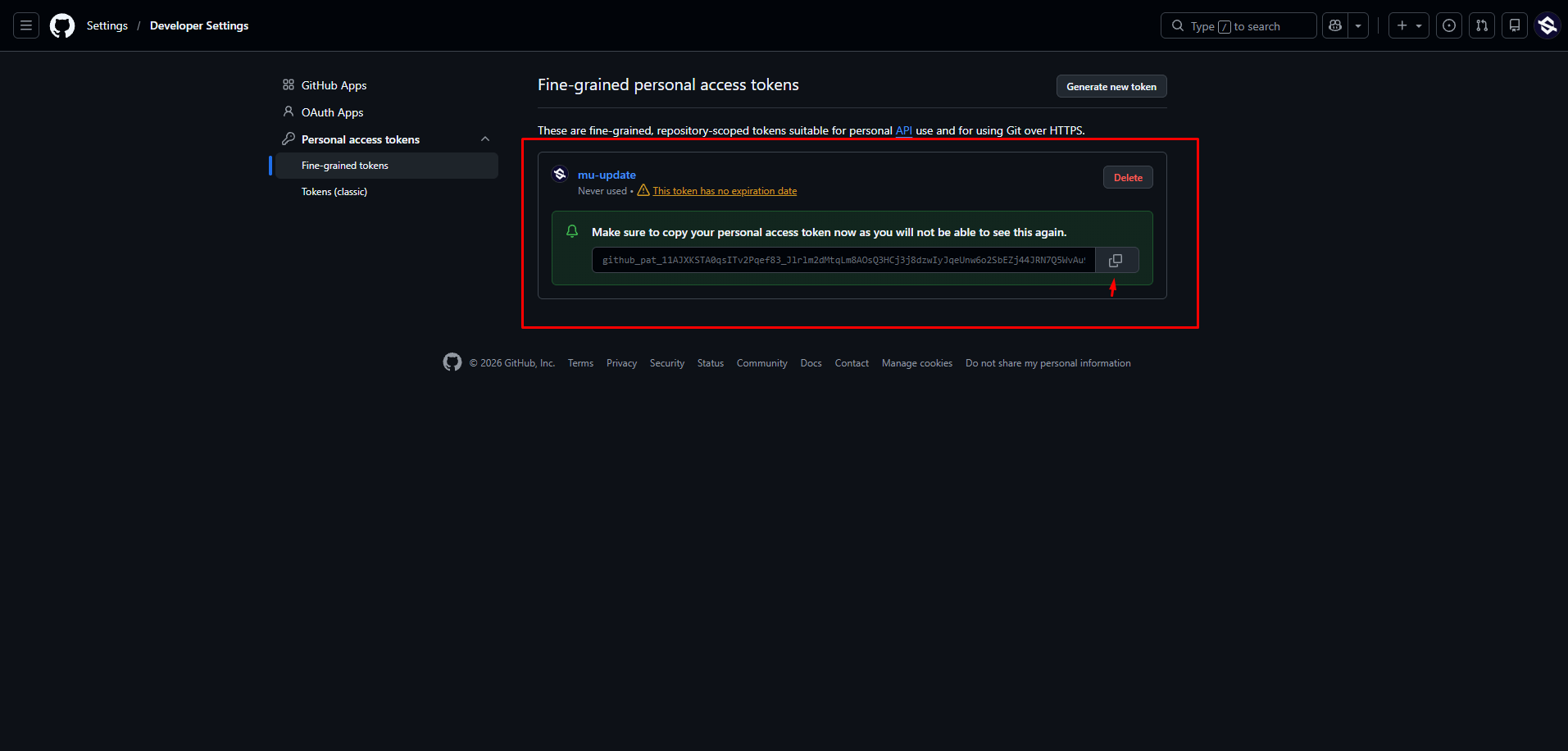 Token gerado, com o botão de copiar